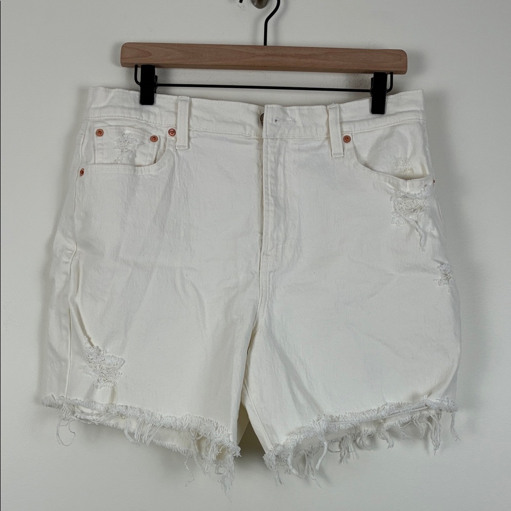 GAP Women's 32/14R Cheeky Midi Jean Shorts White High-Rise Denim Distressed